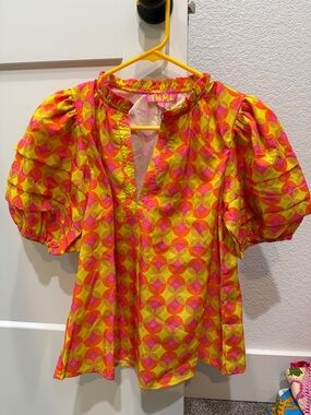 THML Pink & Yellow Geometric Puff-Sleeve Top XS